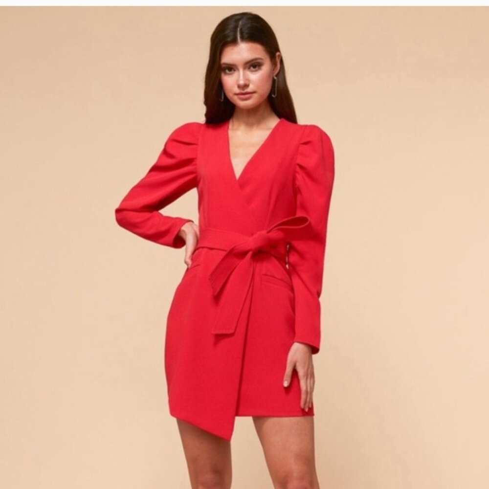 Adelyn Rae Sz M Camryn Red Blazer Puff Sleeves Belted Mini Dress